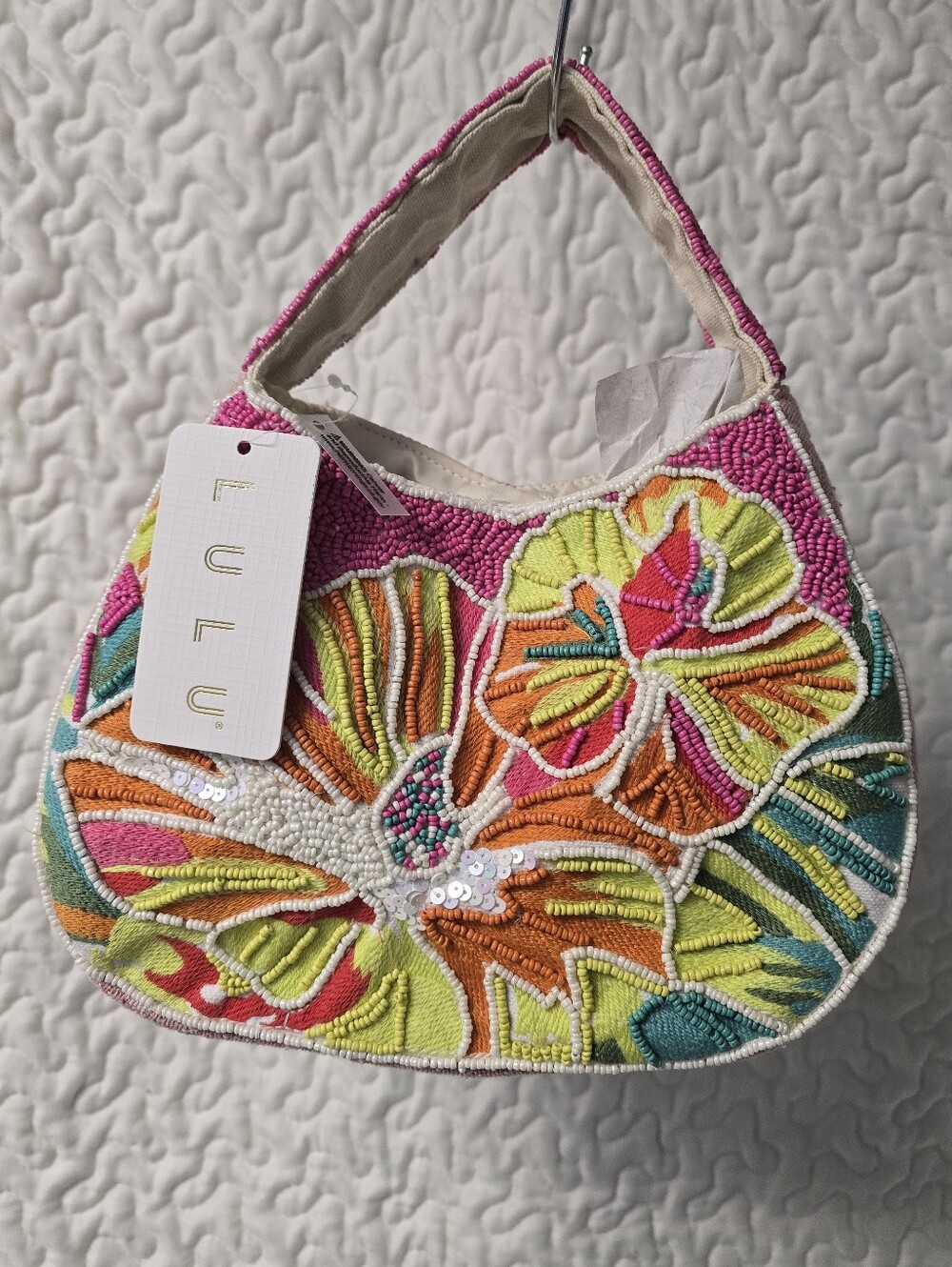 Lulu Pink Multicolor Beaded Tropical Floral Women’s Handbag Beach Clutch Purse